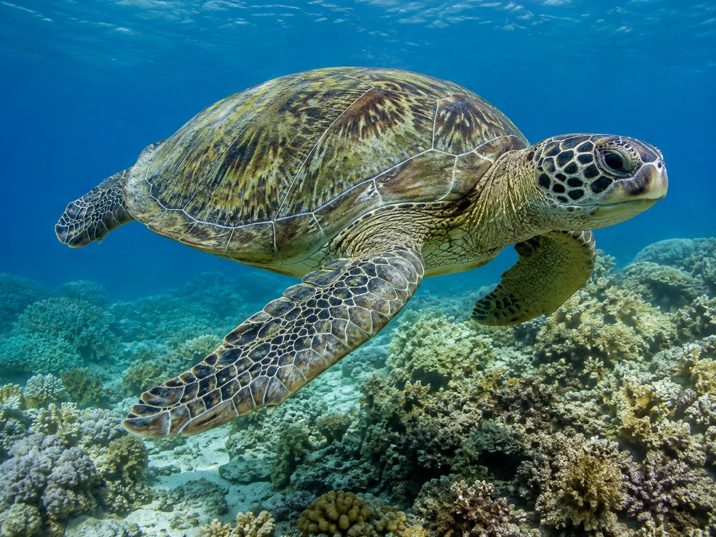 Une tortue verte nage au-dessus d’un récif corallien.